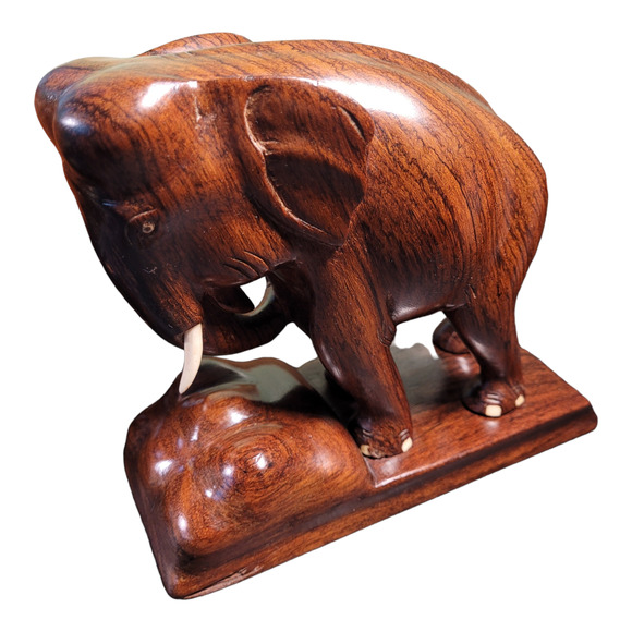 Vintage 60s Hand Carved Solid Wood Elephant Bookends Pair Heavy Rustic Folk Art - Picture 1 of 10
